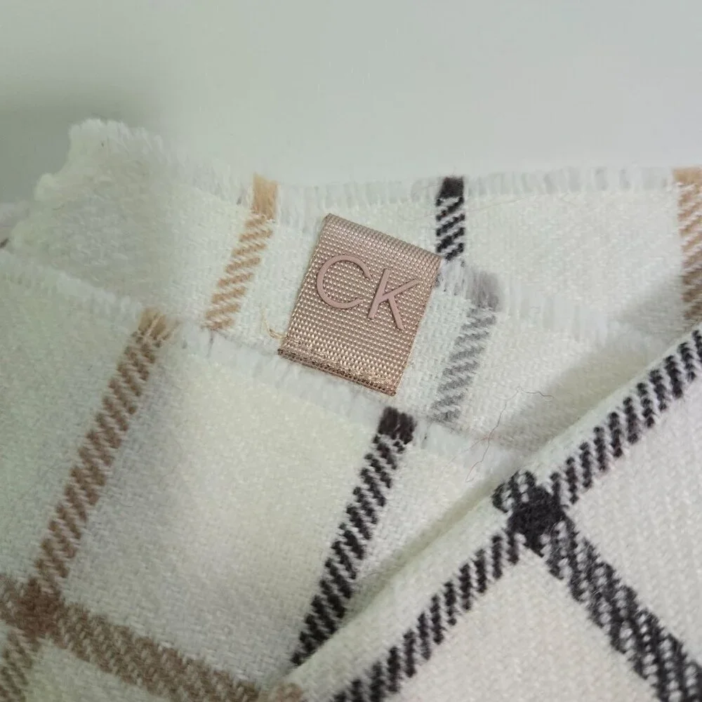 Calvin Klein Cream Plaid Neutral Fringe Scarf